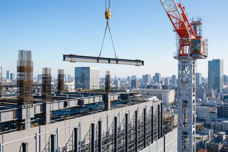 タワークレーンで鉄骨梁を吊り上げる建設現場と、背後に広がる都市の高層ビル群