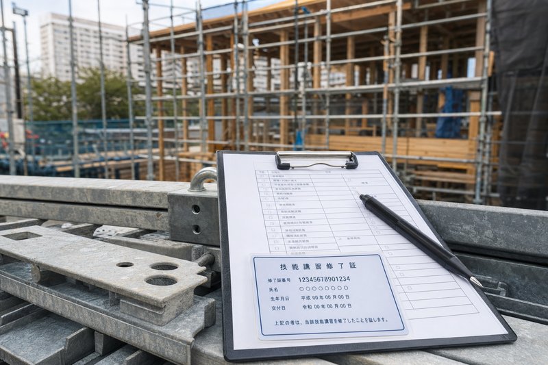 建材の上に置かれたクリップボードと技能講習修了証、背後に建設中の建物と足場
